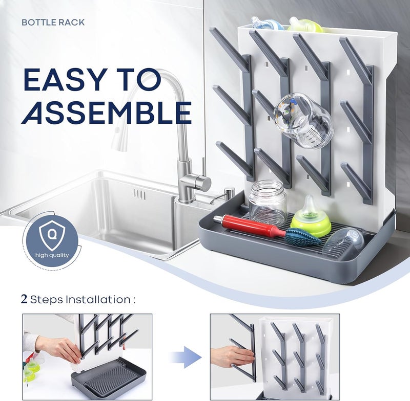 MeCids Baby Bottle Drying Rack, Vertical Standing Bottle Dryer Rack Holder, Space Saving Baby Bottle Drying Rack for Countertop - Holds Up to 12 Baby Bottles (Gray) - Image 3